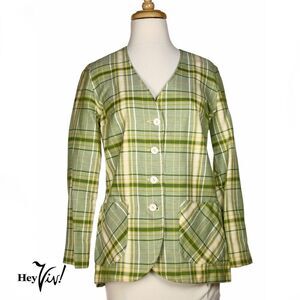 Vintage 60s Collarless Jacket Green Plaid Pockets Union Tag Size 11-12 - Hey Viv